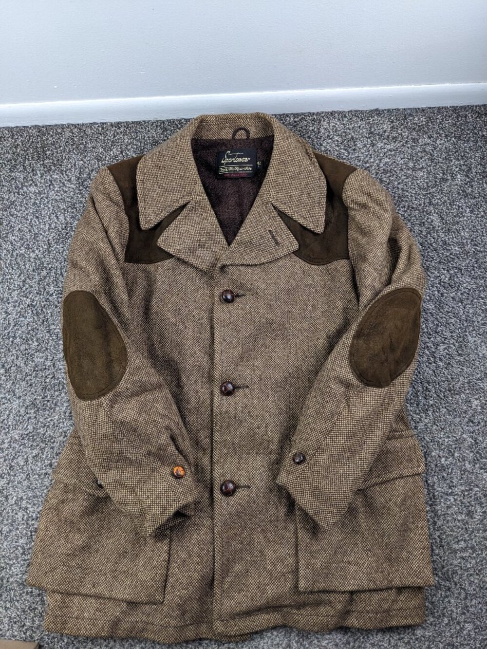 Vintage Sears Sportswear Coat Tweed Wool Hunting Shooting Elbow Patches Mens 42L